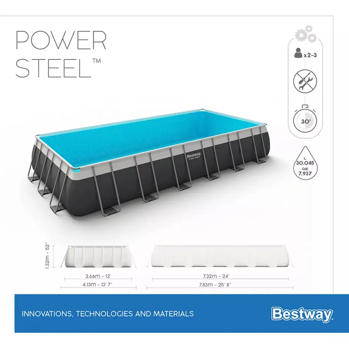 Бассейн каркасный 732x366x132 см прямоугольный с аксессуарами, BESTWAY 56474 Бассейн каркасный 732x366x132 см прямоугольный с аксессуарами, BESTWAY 56474